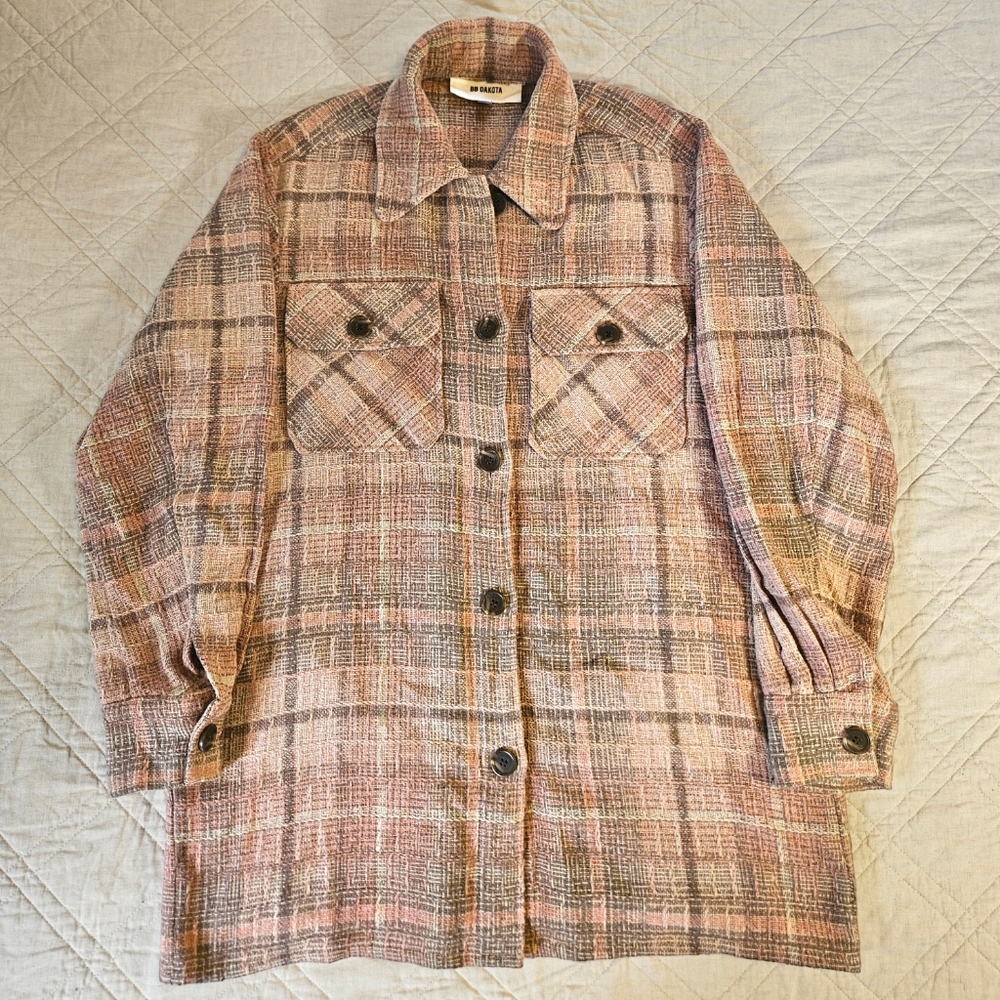 BB Dakota Large Shacket Pink and Grey Plaid Weave Button Up Shirt Jacket